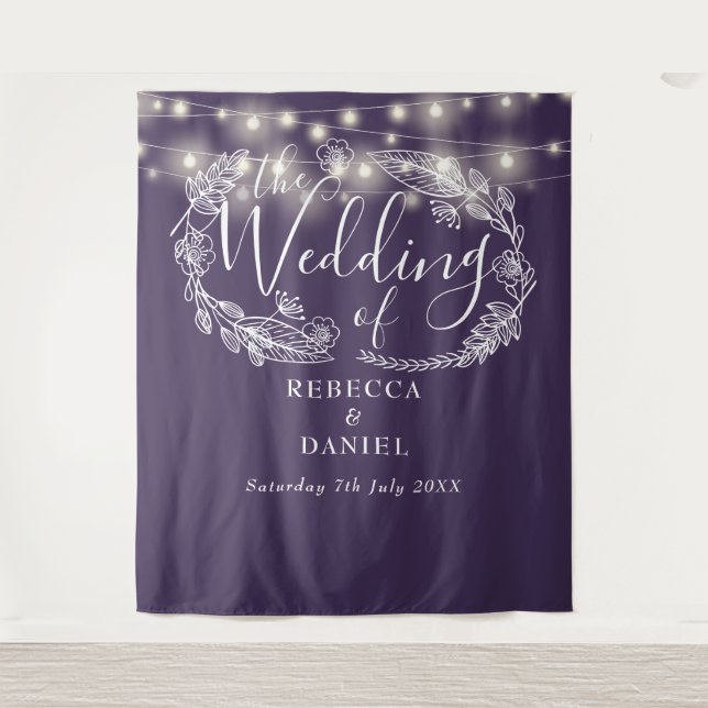 Lila String Lights Hochzeitungs-Foto-Hintergrundpr Wandteppich (Vorderseite)