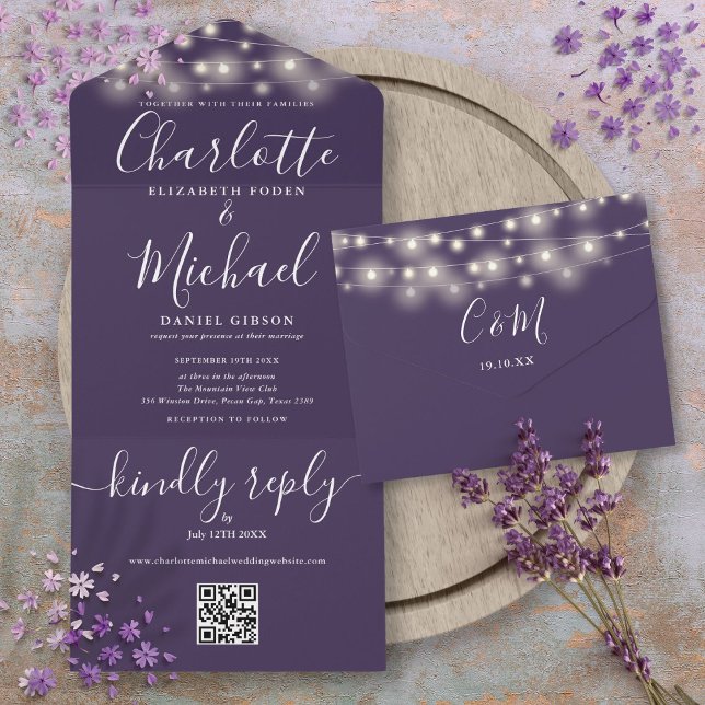 Lila String-Lights QR-Monogramm-Hochzeit All In One Einladung (Purple String Lights QR Code Monogram Wedding All In One Invitation)