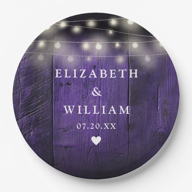 Lila String Lights Rustic Wood Boho Barn Wedding Pappteller (Vorderseite)