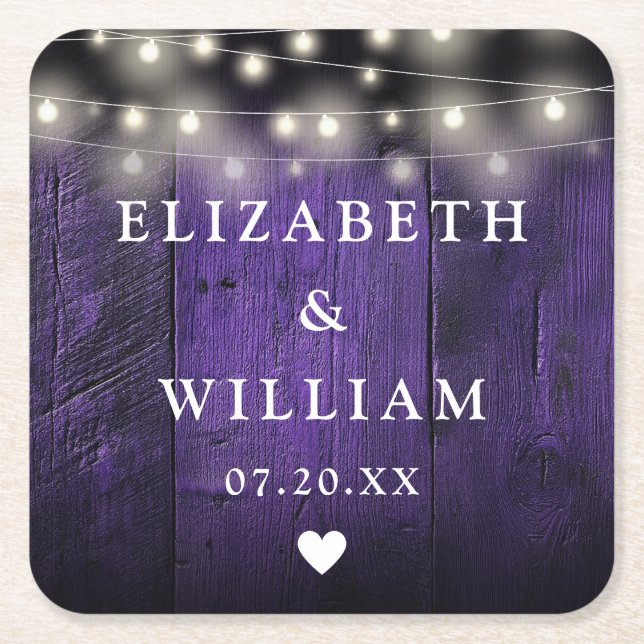 Lila String Lights Rustic Wood Boho Barn Wedding Rechteckiger Pappuntersetzer (Vorderseite)