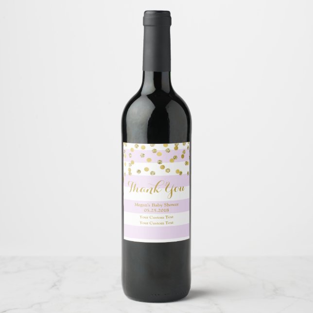 Lila Stripe Gold Confetti Babydusche Weinetikett (Vorderseite)