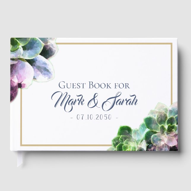 Lila Sukkulationen mit Blue Text Tan Line Hochzeit Gästebuch (Vorderseite)