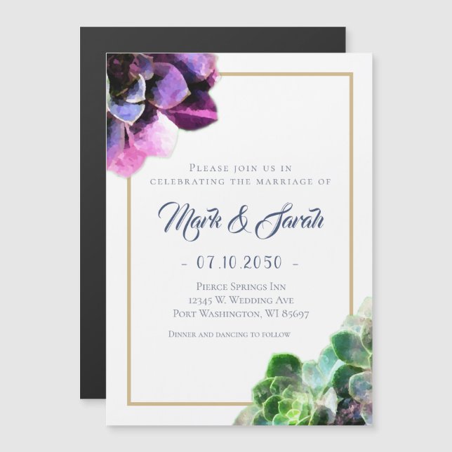 Lila Sukkulationen mit Blue Text Tan Line Hochzeit Magneteinladung (Vorne/Hinten)