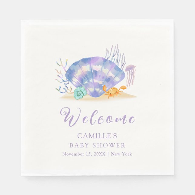Lila Summer Sea Pearl Girl Babydusche Willkommen Serviette (Vorderseite)