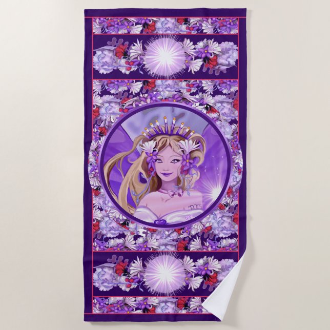 Lila Sun Fairy Beach Handtuch (Vorderseite)