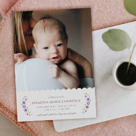 Lila süße florale Geburtsankündigung für Baby Mädc Dankeskarte