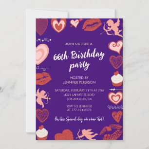 Lila süße rosa Herzen 66. Geburtstagseinladungen Einladung