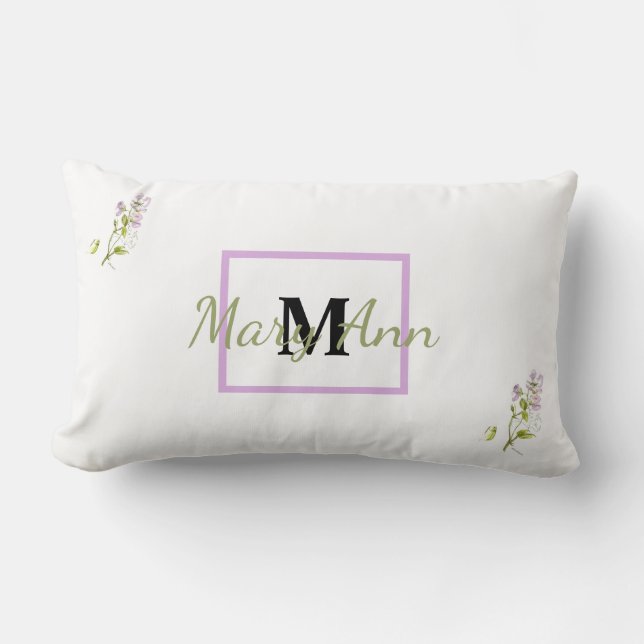 Lila Süßerbse Aquarellmonogramm und Name Lendenkissen (Vorderseite)