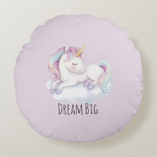 Lila süßes Einhorn auf einer Wolkentraum  Rundes Kissen