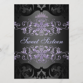 Lila Sweet16 Tiara Damask Birthday Einladung