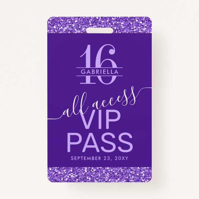Lila Sweet 16 Einladung VIP Pass Ausweis (Vorderseite)