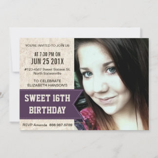 Lila Sweet 16. Geburtstagsparty mit großem Foto Einladung