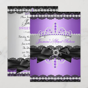 Lila Sweet 16 Geburtstagsparty Silver Black Lace Einladung