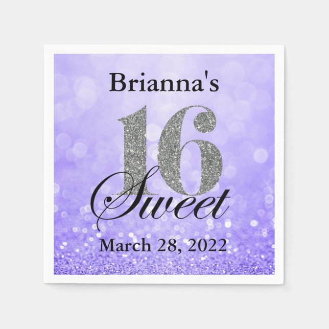 Lila Sweet 16 Silver Glitzer Custom Napkin Serviette (Vorderseite)