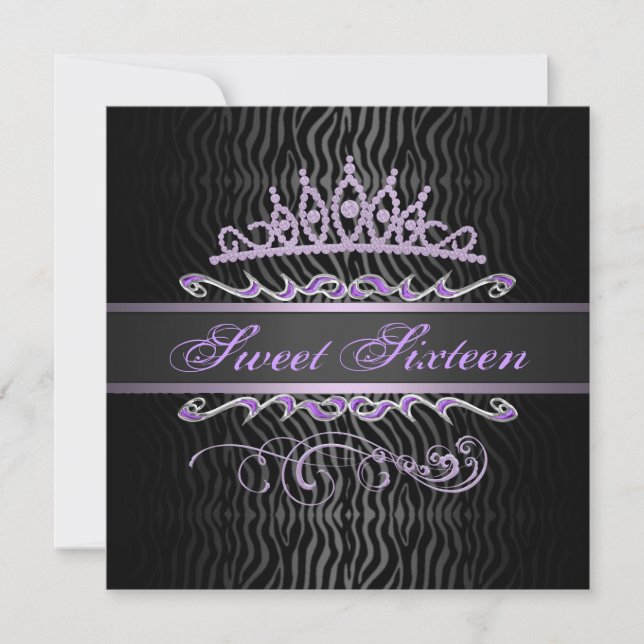 Lila Sweet 16 Tiara Zebra Print Birthday Einladung (Vorderseite)