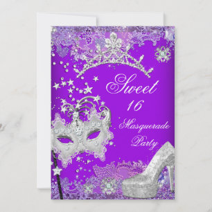 Lila Sweet Sixteen 16 Maskenball-Party Tiara 2 Einladung