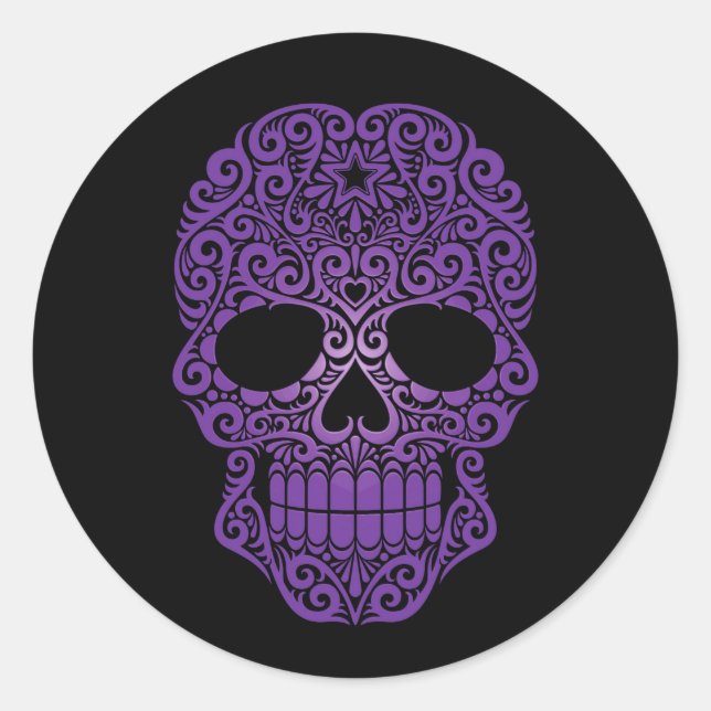Lila Swirbeln des Zuckerschädels auf schwarz Runder Aufkleber (Vorderseite)