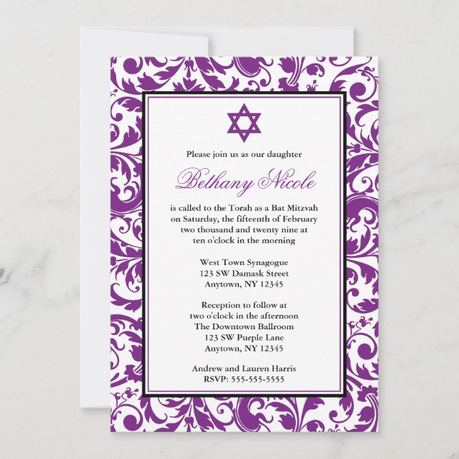 Lila Swirl Damask Bat Mitzvah Einladungen (Vorderseite)