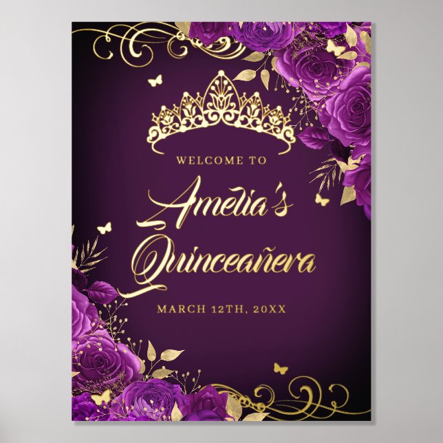 Lila Swirl Quinceanera Willkommenszeichen Gold Foliendrucke (Vorderseite)