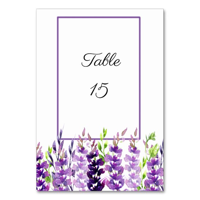 Lila Tafelkarten für das Hochzeitswasser Tischnummer (Vorderseite)