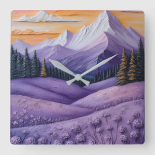 Lila Tal im Sonnenuntergang Texturierte Kunstwand Quadratische Wanduhr