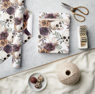 Lila Tan Blumen Totenköpfe Geburtstag Geschenkpapier