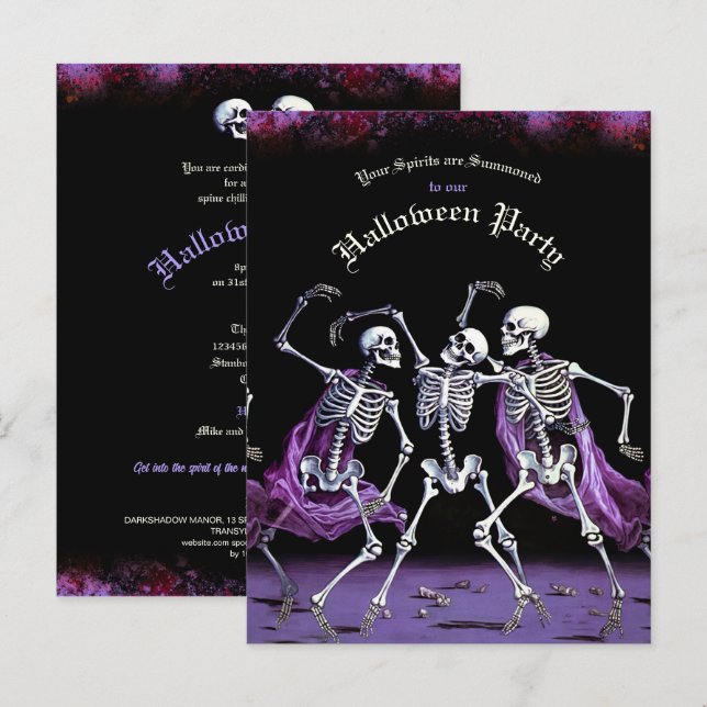 Lila Tanzskelett Halloween Postkarte (Vorne/Hinten)