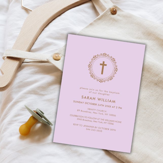 Lila Taufe der klassischen Kranken Einladung (Purple Elegant Classic Cross Wreath Baptism Invitation)