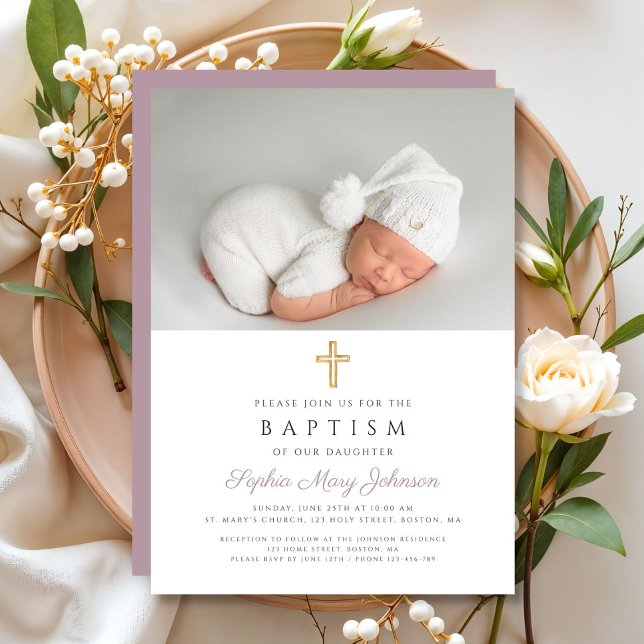 Lila Taufe des modernen religiösen Fotos Einladung (Purple Modern Religious Cross Photo Baptism Invitation)