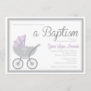 Lila Taufe für Cross Baby Carriage Einladung