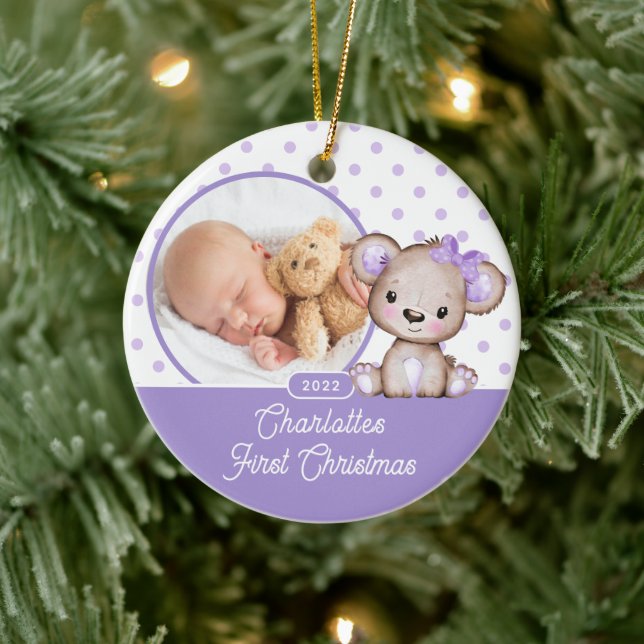 Lila Teddy Bear Baby's First Christmas Foto Keramik Ornament (Baum)