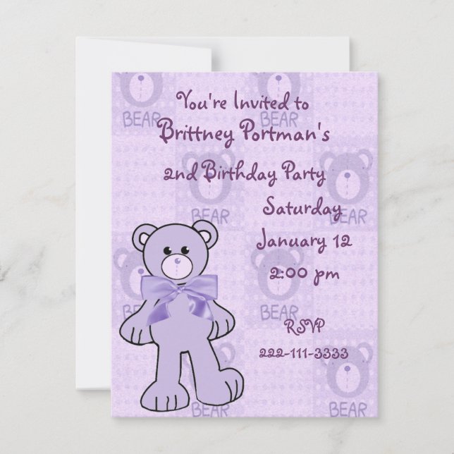 Lila Teddy Bear Geburtstagseinladung Einladung (Vorderseite)