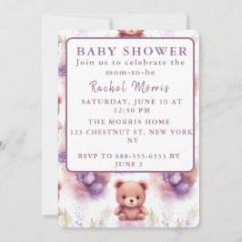 Lila Teddybär und Blume - Babydusche Einladung