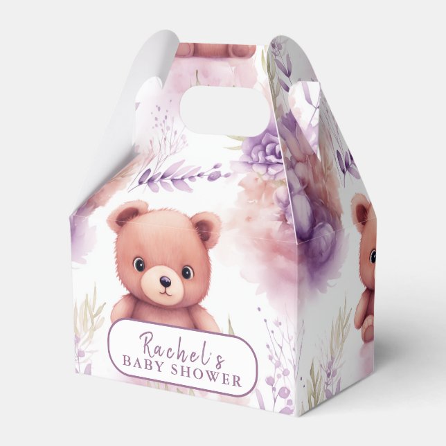 Lila Teddybär und Blume - Babydusche Geschenkschachtel (Vorderseite)
