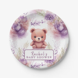 Lila Teddybär und Blume - Babydusche Pappteller