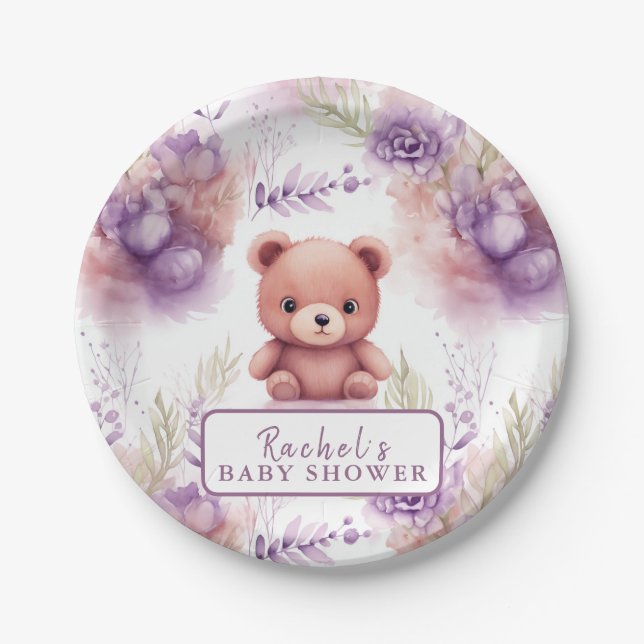 Lila Teddybär und Blume - Babydusche Pappteller (Vorderseite)