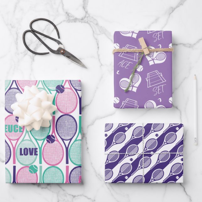 💜 Lila Tennismotive auf Packpapier Geschenkpapier Set (Vorderseite)
