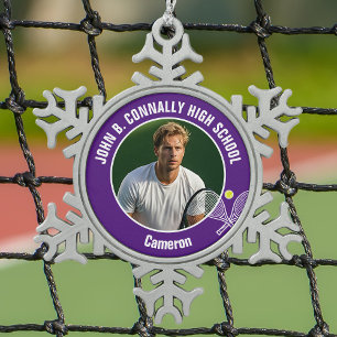 Lila Tennisspieler-Foto High School-Spirit Schneeflocken Zinn-Ornament