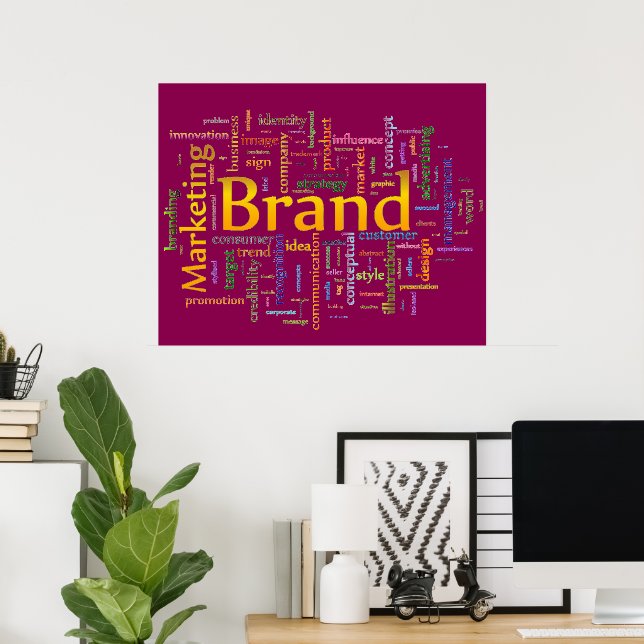 Lila Text zu Markenbezeichnungen und Marketing Poster (Heimbüro)