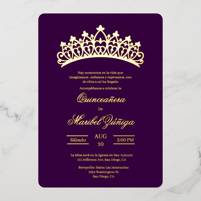 Lila Thema Quinceanera Einladung (Vorderseite)