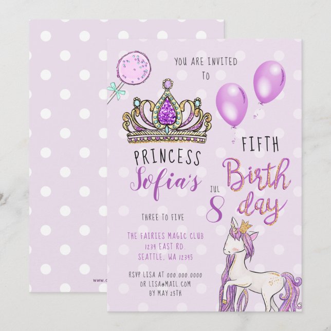 Lila Tiara Princess Pferd Einladungen zum Geburtst (Vorne/Hinten)