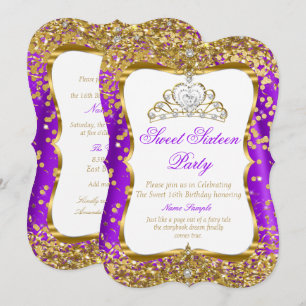 Lila Tiara Prinzessin Sweet 16 Gold Weiß Einladung