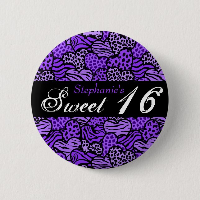 Lila Tiermusterherzen Sweet 16 Button (Vorderseite)
