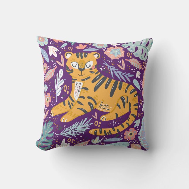Lila Tiger Cube Sommer Tropischer Dschungel Kissen (Vorderseite)