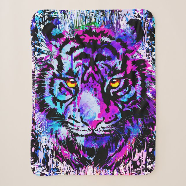 Lila Tiger Head - Tiger Portrait Sherpa Blanket Sherpadecke (Vorderseite)
