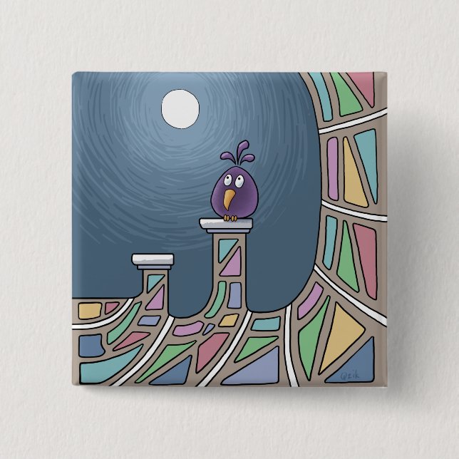 Lila Tiki Bird mit Vollmondknopf Button (Vorderseite)