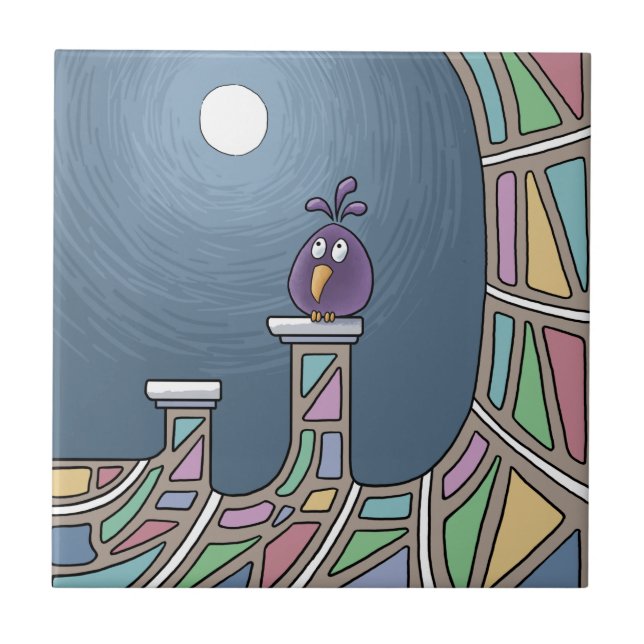Lila Tiki-Vogel mit Vollmond-Keramik Tile Fliese (Vorderseite)