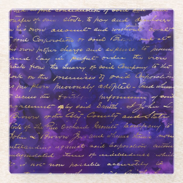 Lila Tintenmuster mit Goldschrift für Aquarellfarb Glasuntersetzer (Vorderseite)