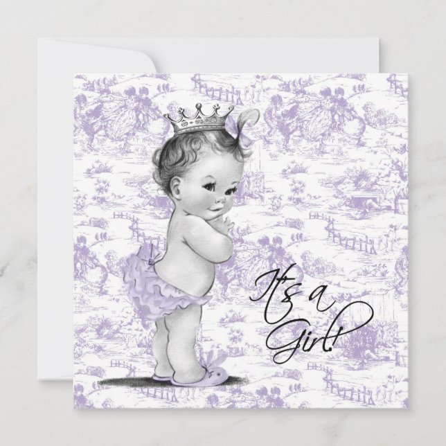 Lila Toile Baby Girl Dusche Einladung (Vorderseite)