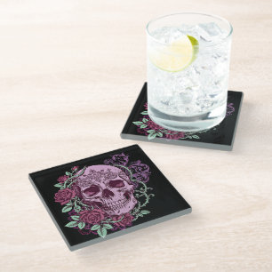 Lila Totenkopf mit Rosen Goth-Design Glasuntersetzer